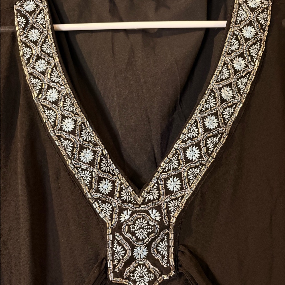 White House Black Market Black Embroidered Beaded V-Neck Blouse M Tie Closure